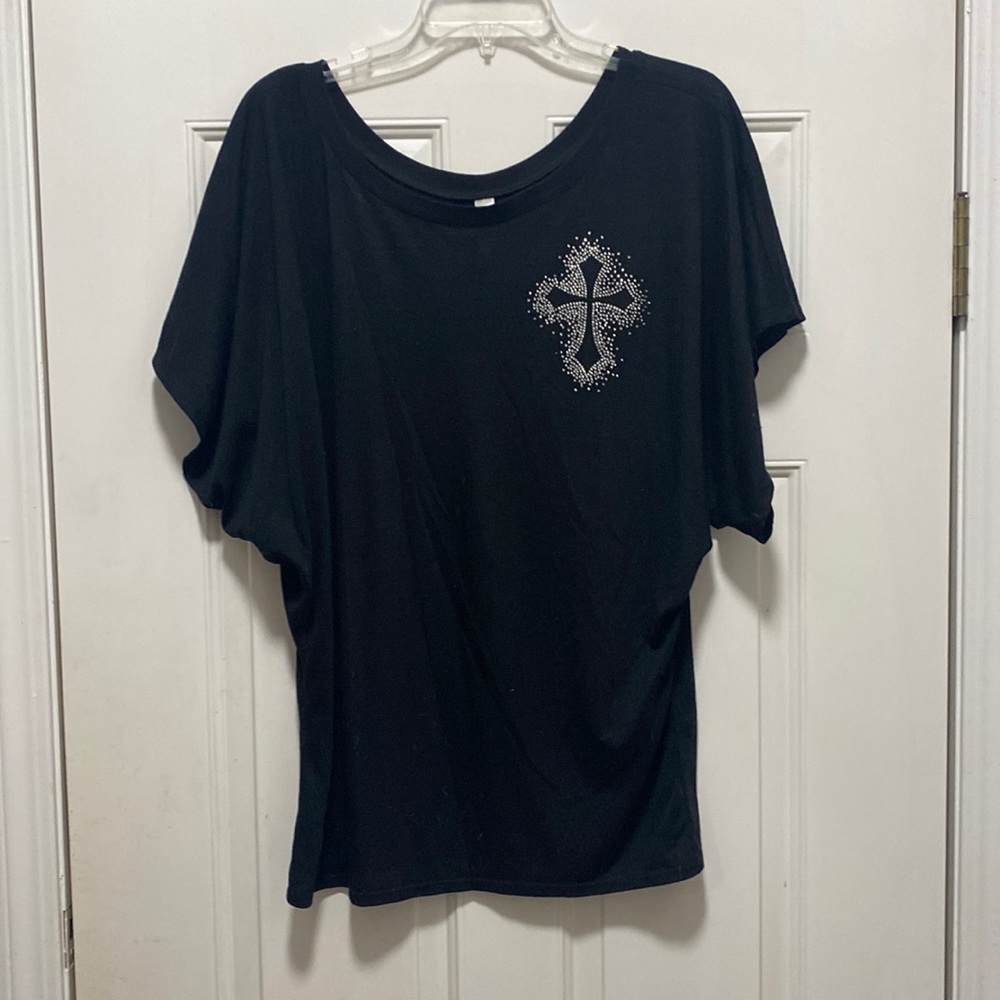 Black T with sequined cross on front and back